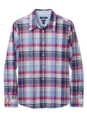 CHAPS No-Iron Plaid Button Down Shirt Women's L Pink Blue Pastel Preppy Blouse